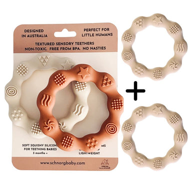 Schnorg Baby Teethers BONUS FOUR Pack. Tan & Cream